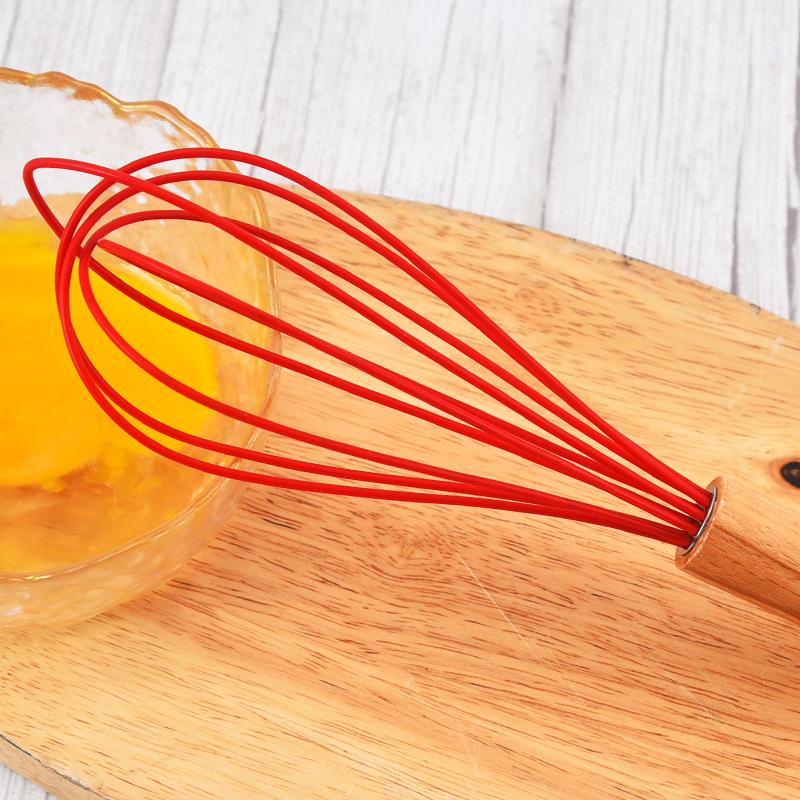 Silicone Whisk with Wooden Handle - Manual Milk Frother & Egg Beater