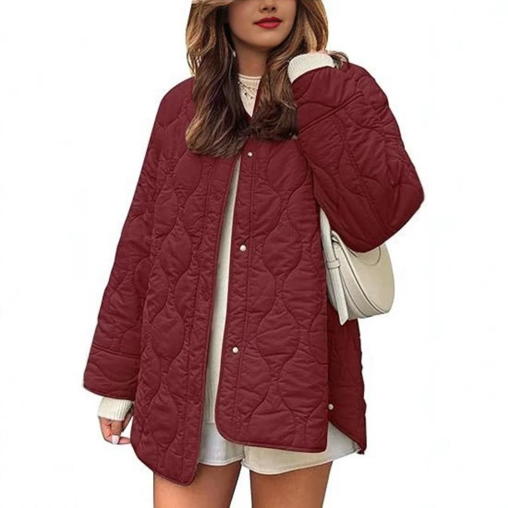 Otoño Invierno Nuevo Abrigo de Algodón Acolchado de Color Sólido con Cuello Redondo Holgado para Mujer, Ropa de Abrigo Casual Estilo Europeo Americano para Mujer