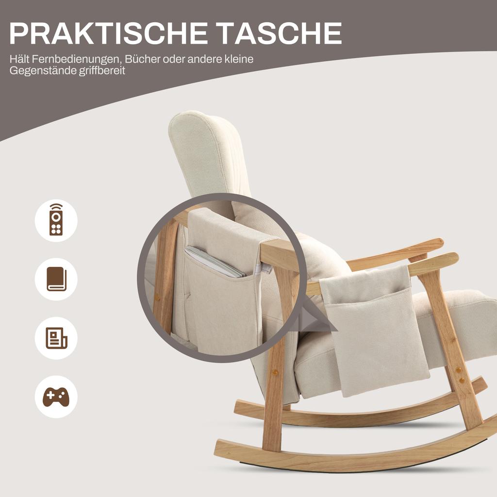 Rocking Chair with Lumbar Cushion, Wide Seat, Rubberwood Frame, Up To 120 Kg, Beige