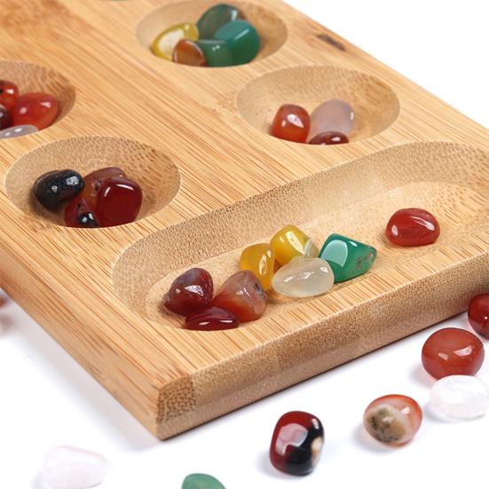 Hra Bamboo Mancala se skládací dřevěnou deskou pro 2 hráče Barevná šachová hračka z přírodního kamene Cestovní děti Dospělí Vzdělávací figurky oblázků Strategická hra