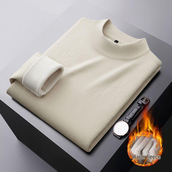 Men's Plus Velvet Half-High Collar Knit Sweater - Anti-Pilling Dobby Fleece, Solid Color for Autumn/Winter