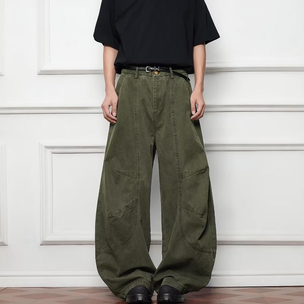 Men's Mid Rise Washed Cat Whisker Barrel Jeans Loose Wide Leg Denim Pants American Vintage High Street Y2K Casual Four Seasons Long Trousers