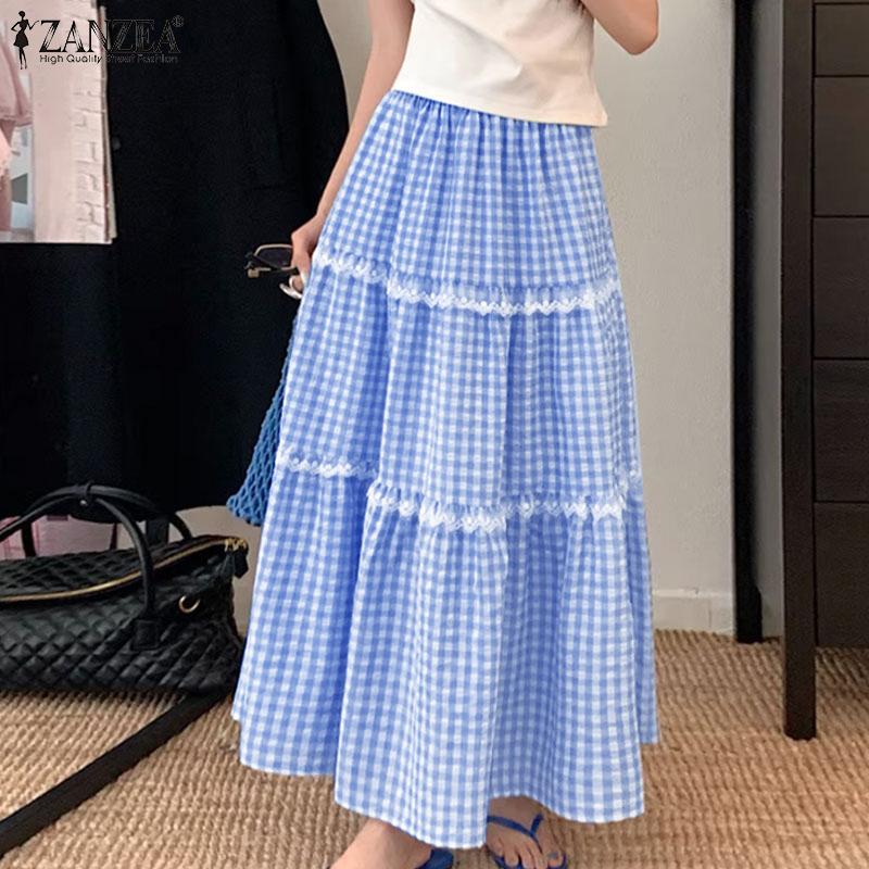 

ZANZEA Women Summer Elastic Waist Loose Plaid Long Skirts 4XL рожевий