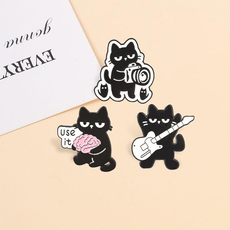 Cute Black Cat Enamel Pins Use It Brain Camera Guitar Cool Band Kitten Cartoon Animal Brooches Lapel Badge Jewelry Gifts