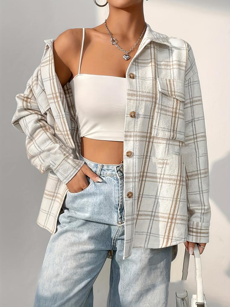 Europese, Amerikaanse en Amerikaanse casual medium en lange geruite shirtjas dames los vest revers shirt
