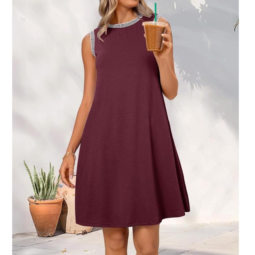 YYFS Women's Fashion Summer Spring Solid Color Print Sleeveless O-Neck Loose Waistline Casual Dresses