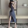 Lady's Solid Color Casual Sexy Slit Bodycon Dress Summer Sleeveless Ladies Mid-length Vestidos