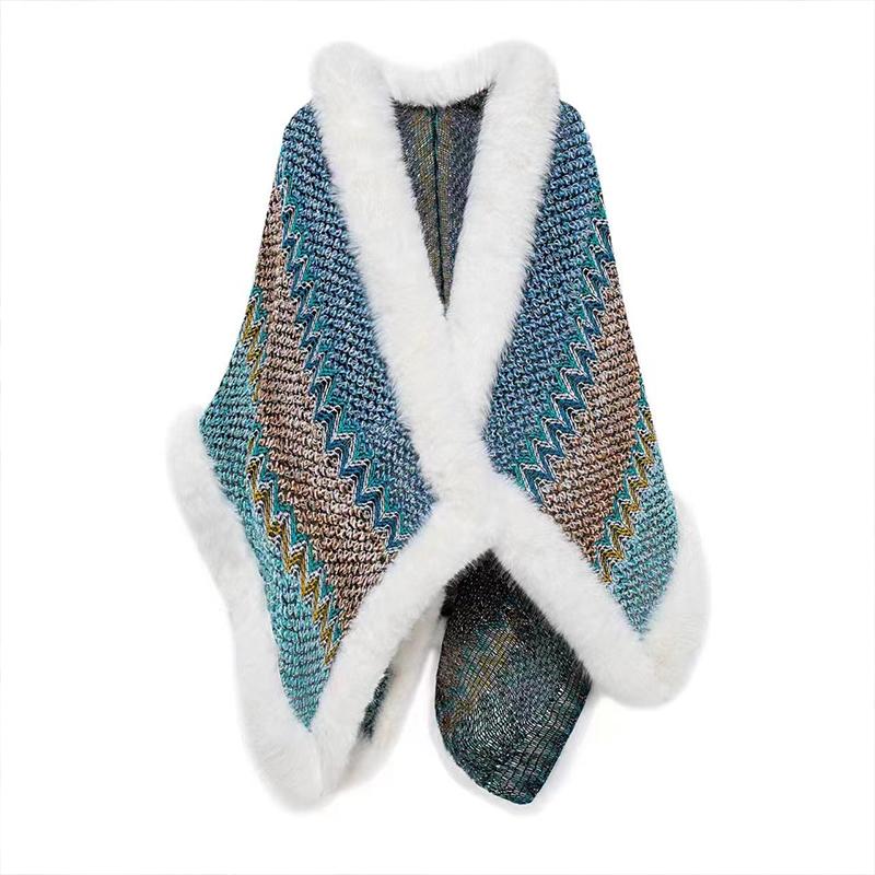 New Faux Fur Collar Imitation Cashmere Elegant Women Scarf Winter Striped Poncho Warm Thick Wrap Capa Para Mujer Pashmina Shawl
