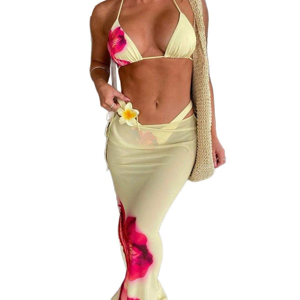 2025 European & American Bikini Three-Piece Set: Sexy Long Cover-up Print Swimsuit for Women