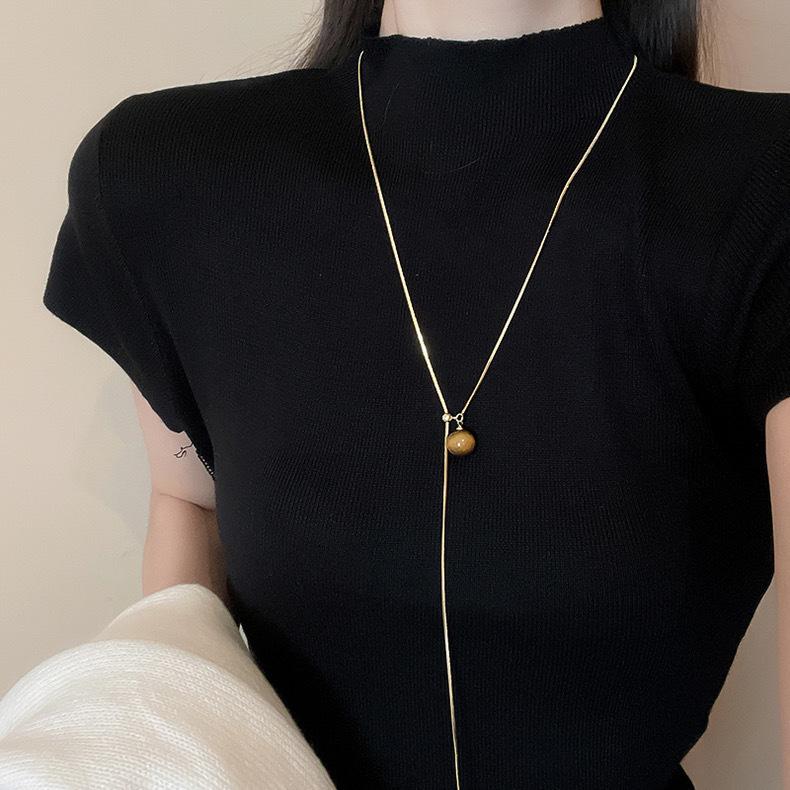 Maillard Tiger Eye Tassel Necklace for Women - Autumn/Winter Retro Fashion Sweater Chain