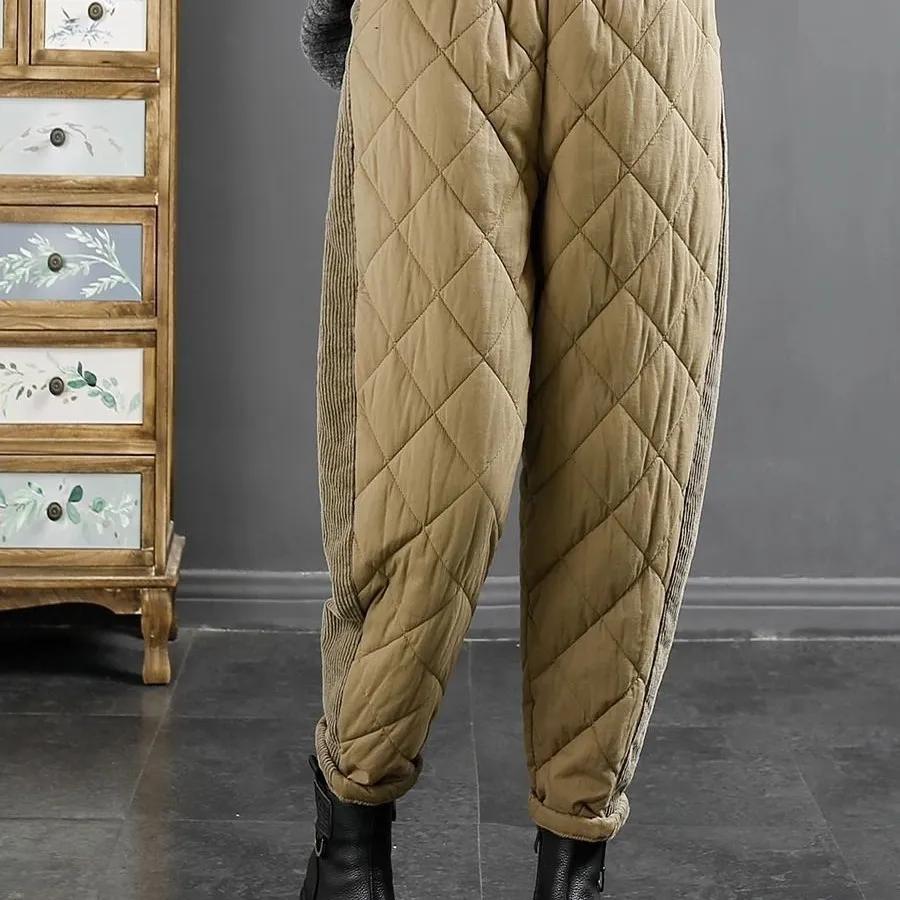 Women's Autumn Winter Plus Size Padded Thickened Elastic Waist Hundreds of Sports Trousers Warm Solid Colour Wide-legged Leisure Trousers