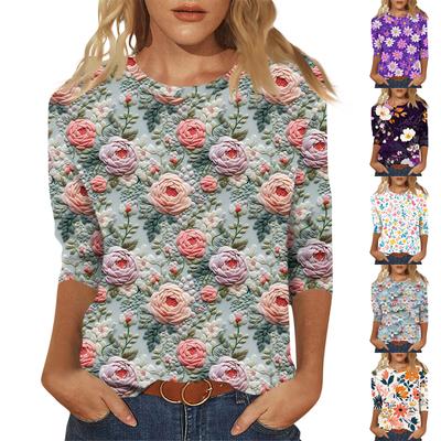 Ladies' Fashionable And Casual Seven Quarter Sleeve Floral Print Pullover Top