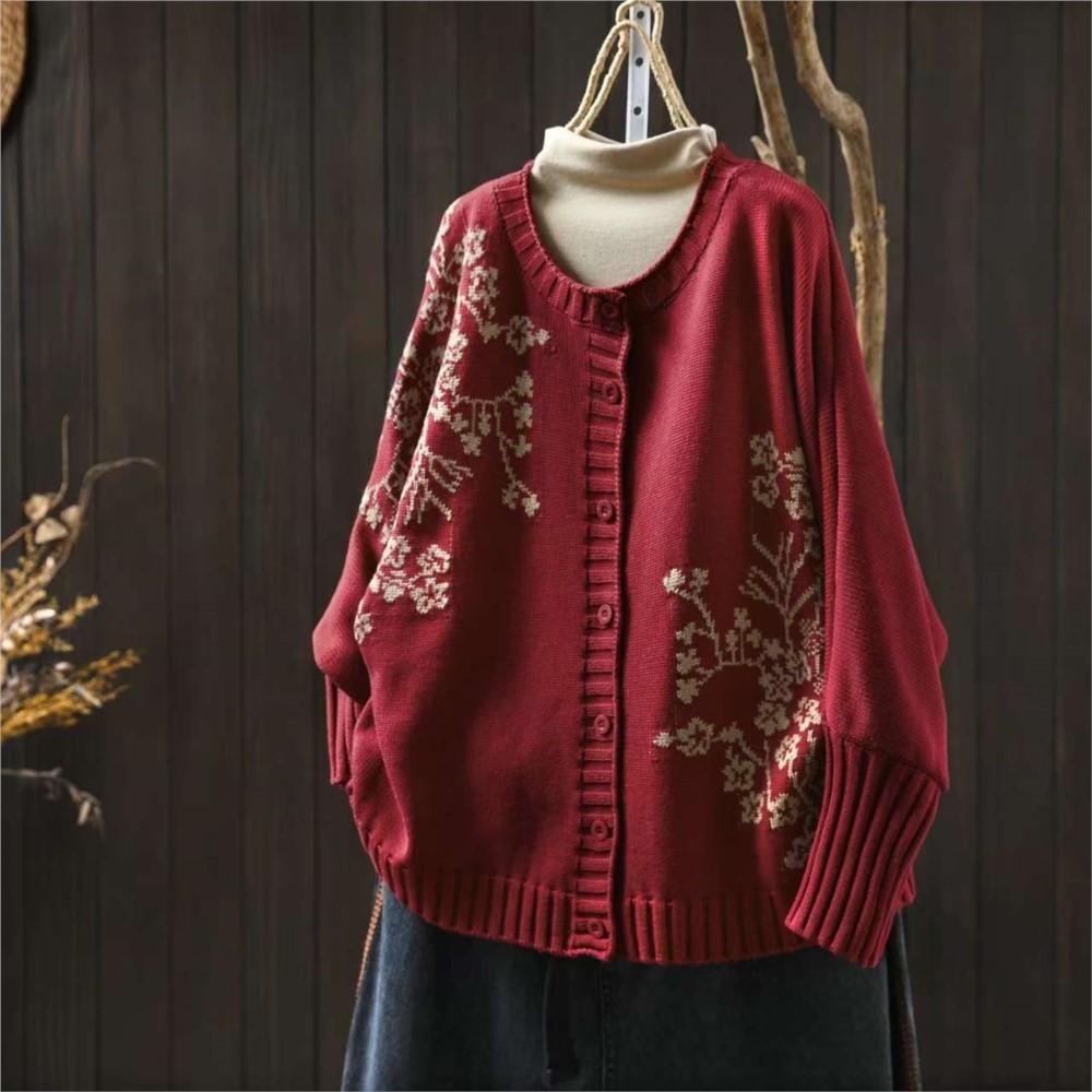 Johnature Vintage-Strickpullover für Damen mit Blumenmuster, Knöpfen, Rundhalsausschnitt und langen Ärmeln, Herbst-Freizeitpullover für Damen