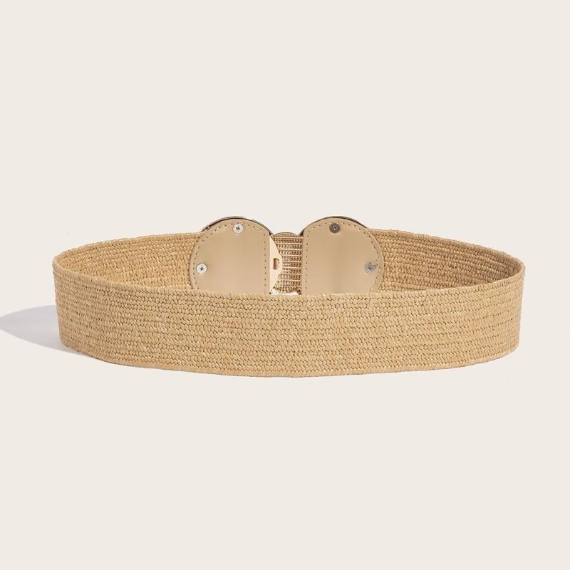 Straw Weaving Women Waist Belt with Gold Buckle Bohemian Hand Weaving Belt