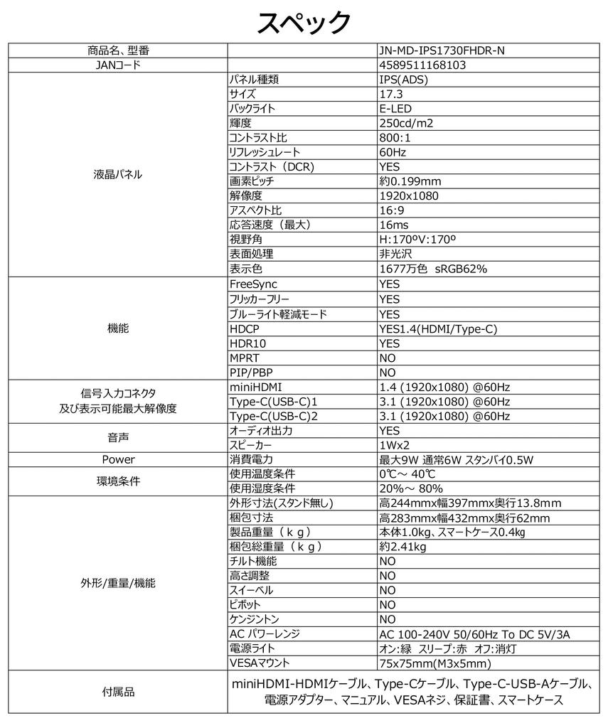 JAPANNEXT inch mobile monitor IPS panel full HD 1920x1080 resolution with smart case 17.3 (Type C/PC compatible/built-in speaker/sRGB100%/non-glossy)