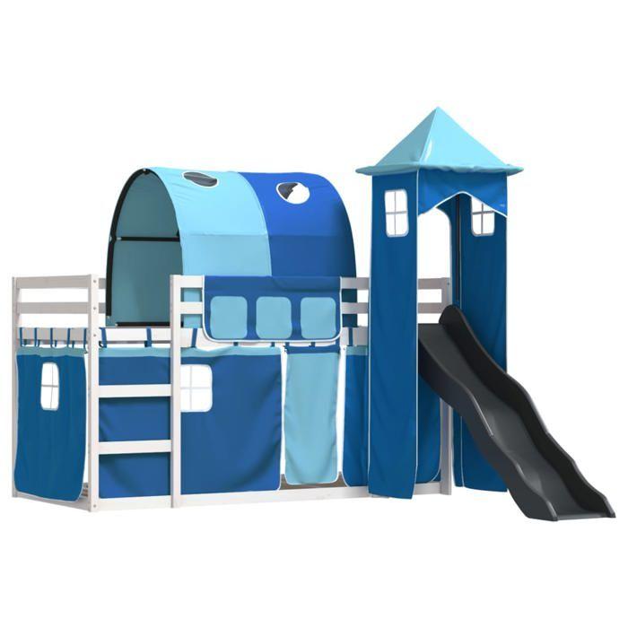 VidaXL Bunk Bed with Slide and Blue Curtains 90x190 Cm 3284183