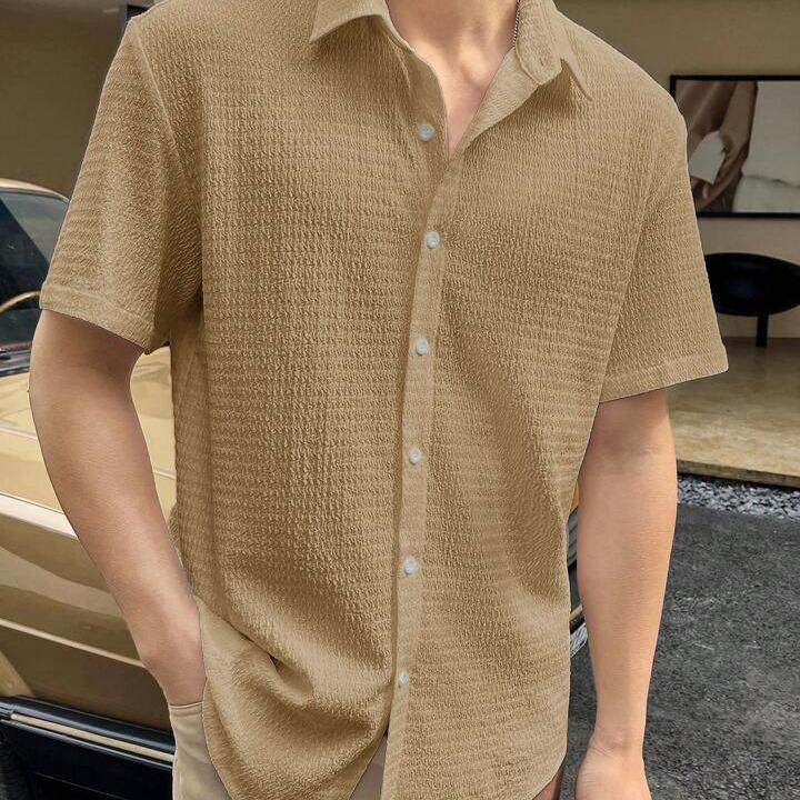 Men's Solid Color Summer Thin Pleated Feng Shui Ripple Breathable Short Sleeved Casual Shirt