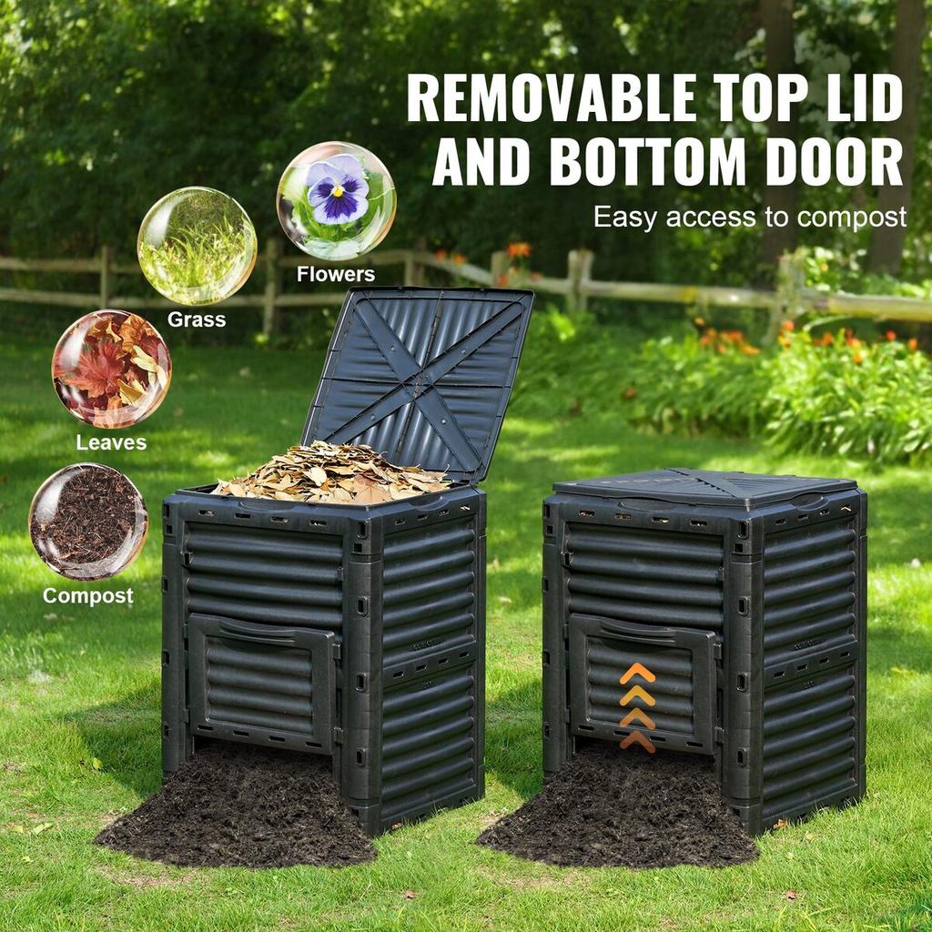 Garden Compost Bin 80 Gal, BPA Free Composter, Large Capacity Outdoor Composting Bin with Top Lid and Bottom Door, Easy Assembling, Lightweight, Fast