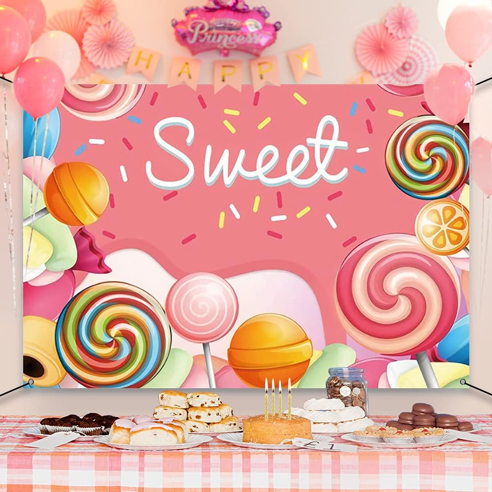 AWERT Polyester 6x3.6ft Sweet Candyland Banner - Colorful Lollipops Backdrop - Candy Land Theme Baby Shower & Dessert Birthday Party Decoration