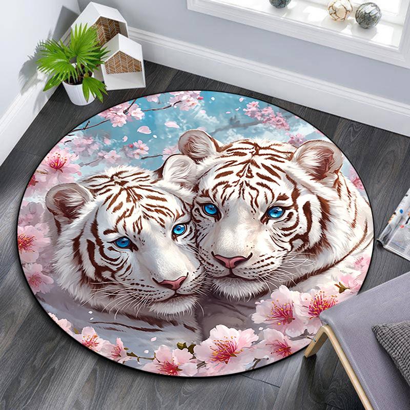 White Tiger Round Area Rug,Carpet Rug for Living Room Bedroom Sofa Playroom Decor,Non-slip Floor Mat