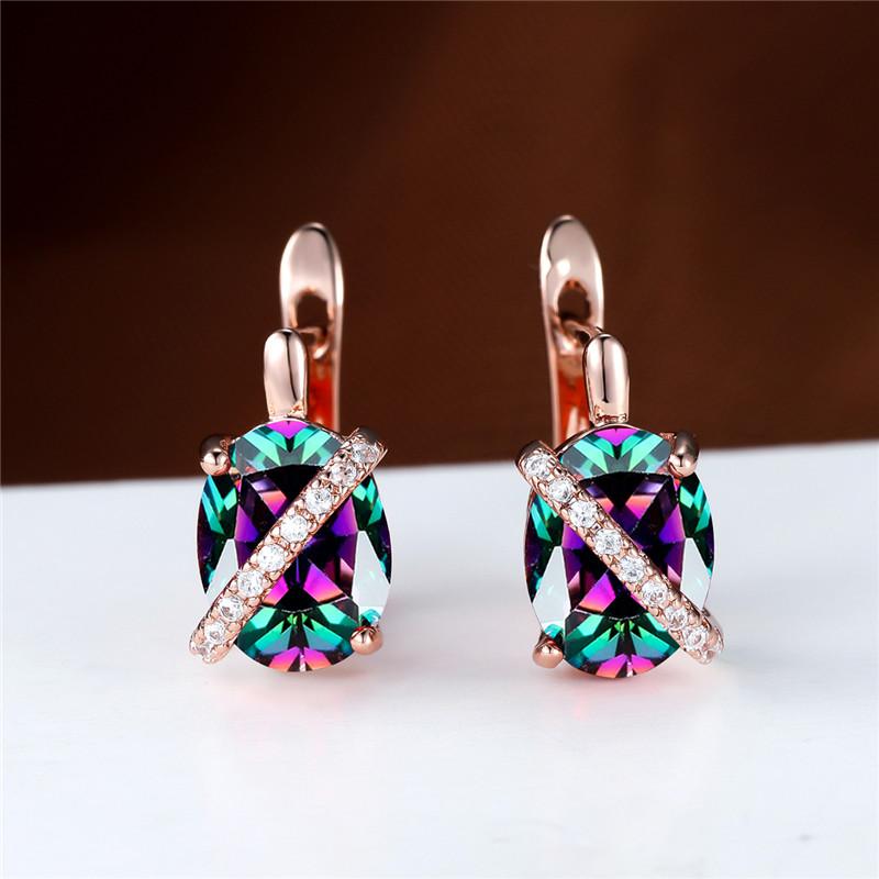 Cute Female Big Oval Stone Earrings Luxury Crystal Blue Purple Hoop Earrings Rose Gold Silver Color Wedding Earrings For Women