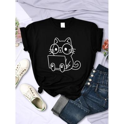 Staranne badanie pracy szkice kotów T-shirt damski osobowość trend casualowy t-shirt odzież street creative topy damskie krótki rękaw