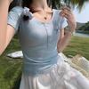 Korean Version of Spice Girl Pure Desire Bow Embroidery V-Neck Bottom Short Sleeve T-Shirt Women's Slim Summer Short Sleeve Top Bottom Shirt