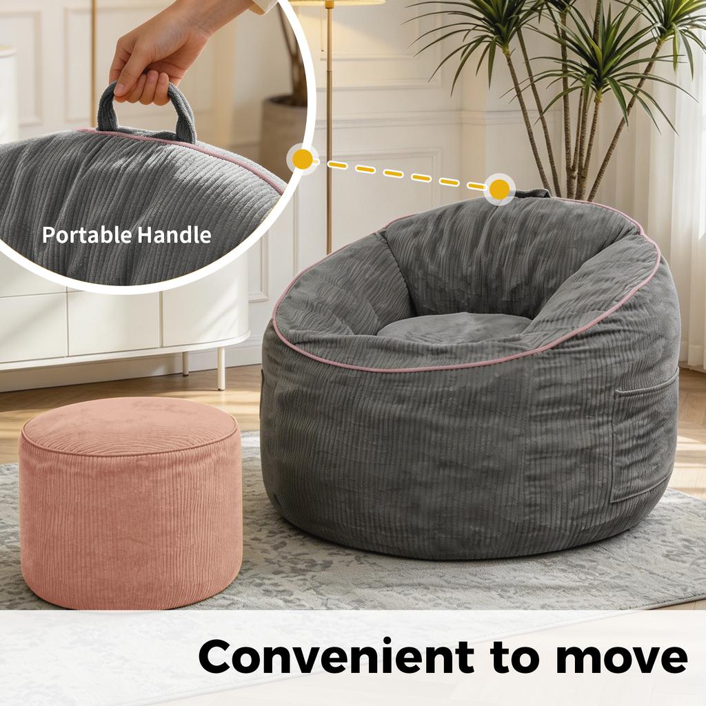 Ergonomic Curved Bean Bag Chair with Detachable Storage Pocket and Matching Cylindrical Ottoman for Modern Home Comfort