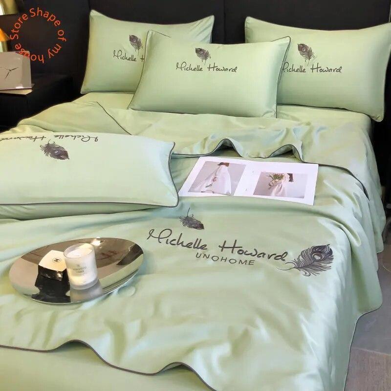 New Fruit Green Summer Cool Quilt Lavabil Gheata Matase Broderie cu pene Pilota de vara Set de lenjerie de pat 4 Piese Cuvertură Queen Quilt