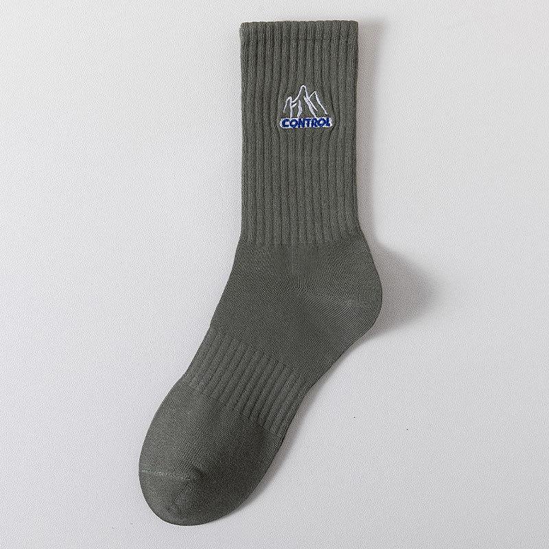 Men's Mid-calf Socks for Autumn and Winter, Solid-colored Cotton Socks, Snow Mountain Embroidery, Versatile and Trendy Socks for Spring and Summer
