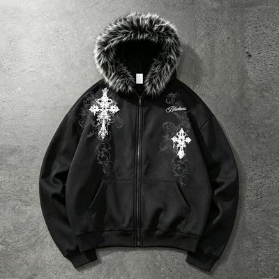 Men's Fleece-Collar Hooded Full-Zip Sweatshirt Jacket, Short-Sleeve Zip-Up Hoodie with Glamorous Retro Lettering Print