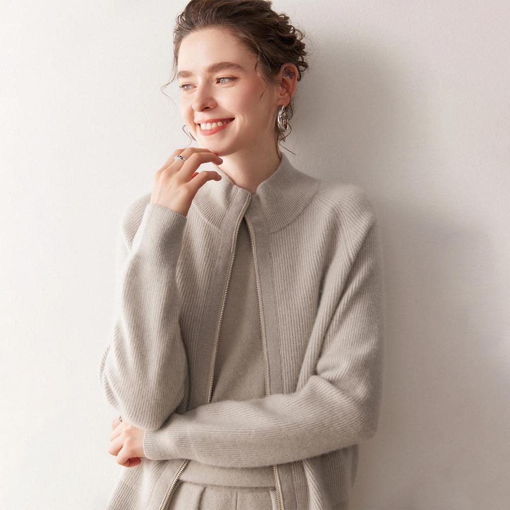 Women's Cashmere Zipper Cardigan - Slim Fit, Loose Raglan Sleeve, Stand Collar, Knit Wool Sweater for Autumn & Winter