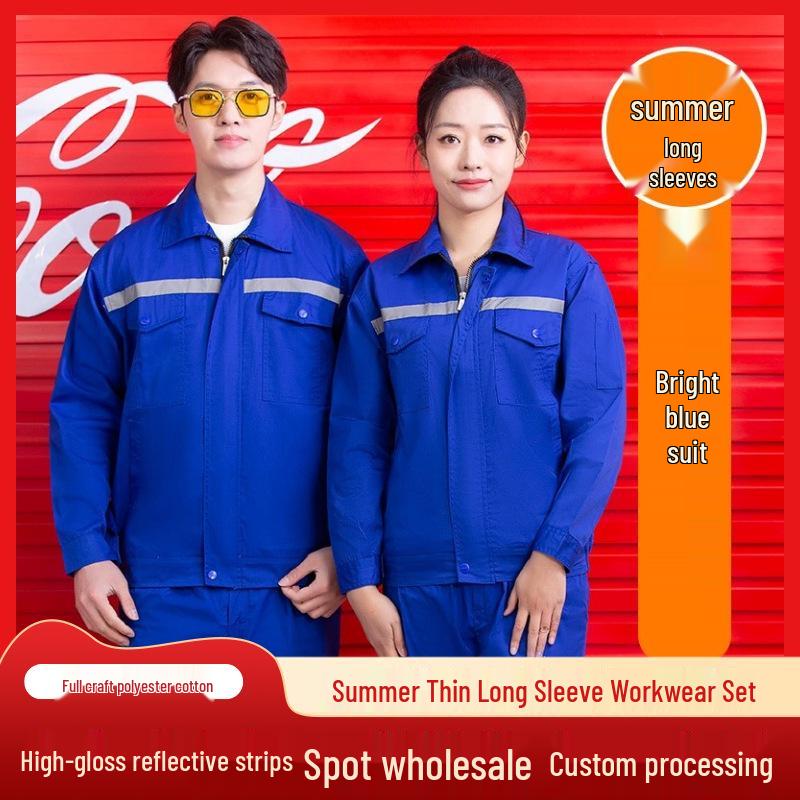 Summer Lightweight Polyester Cotton Reflective Workwear Set - Long Sleeve Protective Clothing for Construction and Workshop Use.