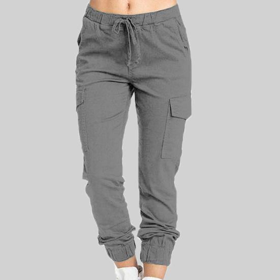 Side Pockets Ankle Banded Women Pants Slim Drawstring Mid Waist Sweatpants Streetwear