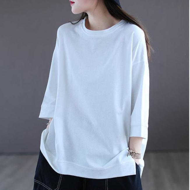 Cotton Seven Quarter Sleeved T-shirt for Women's Short Sleeved Summer 2025 New Loose Base Shirt with Solid Color Inside To Make You Look Slimmer