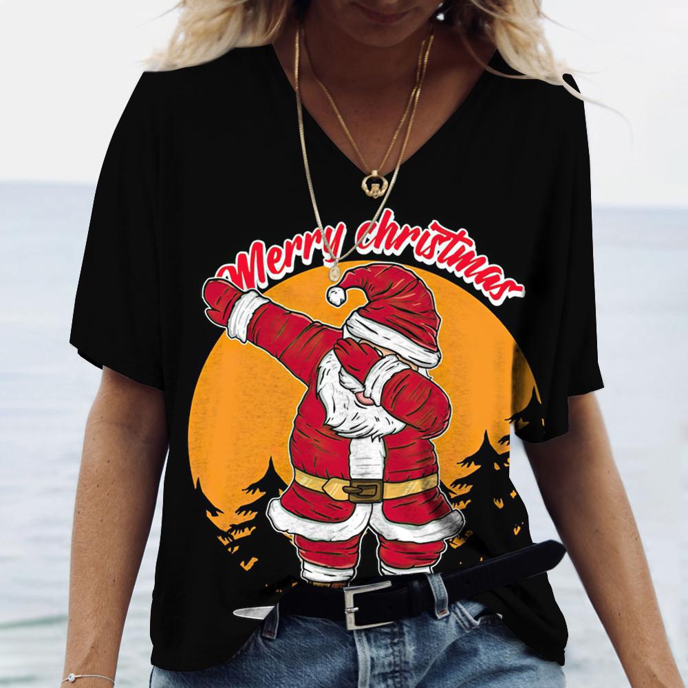 Plus Size 6XL Merry Christmas Women's Short sleeved V-neck T-shirt Christmas Tree Santa Claus Letter Print Simple Trendy Trend Women Clothing