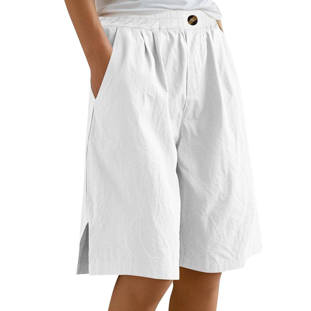 Women's Fashion Solid Color Pants Pocket Button Up Capris Loose Elastic Waist Cotton Linen Shorts