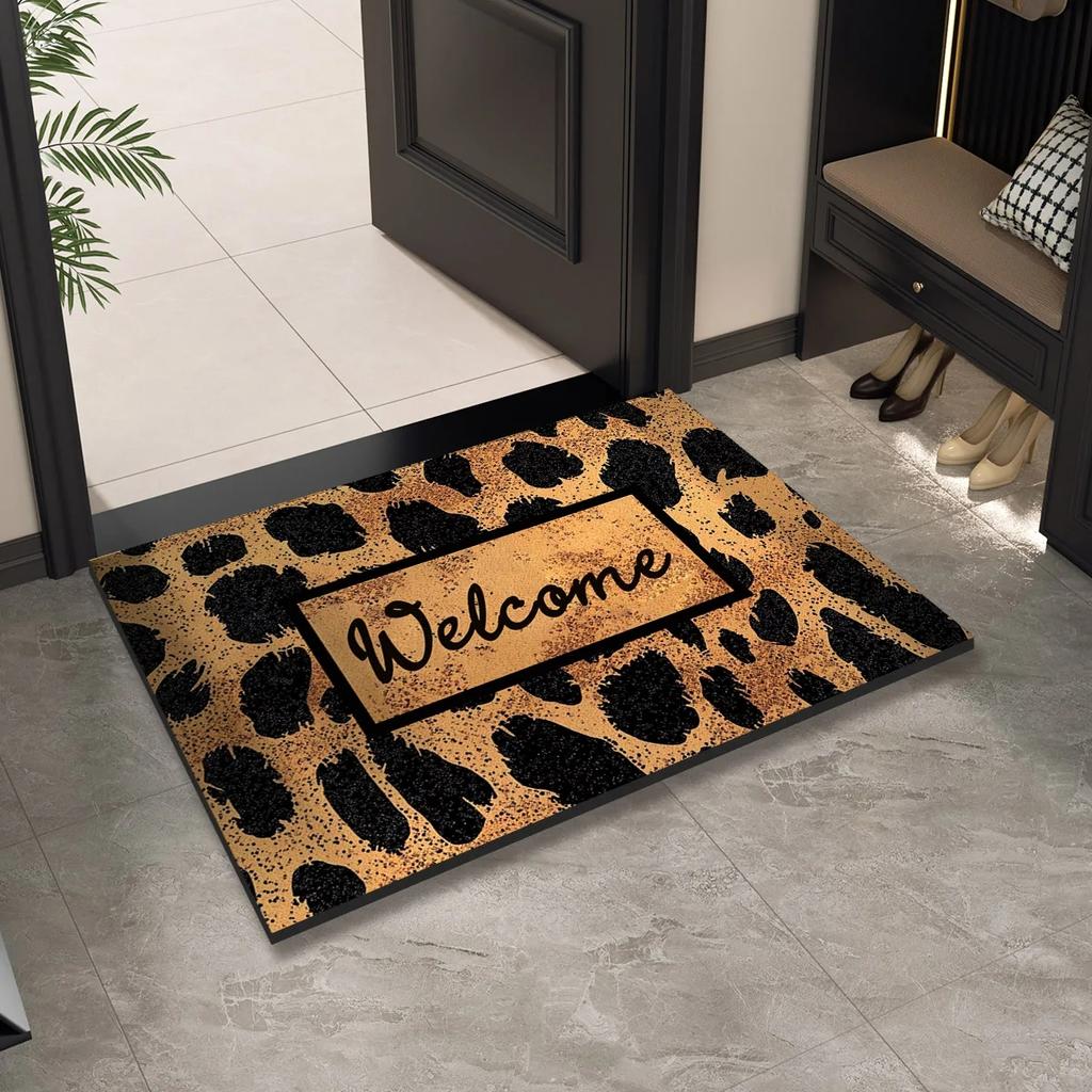 Leopardenmuster Willkommens-Eingangs-Fußmatte Waschbar Innen Außen Bodenmatte Rutschfest Flur Badteppich Heimdeko Teppich