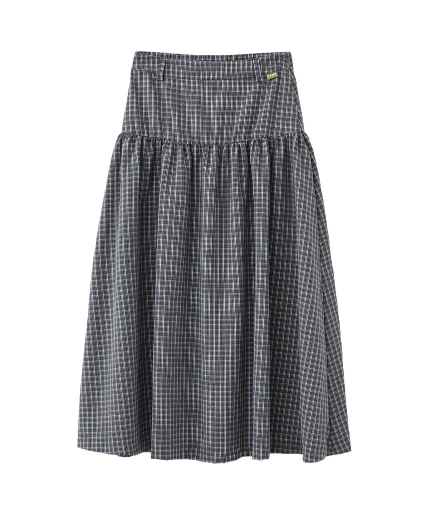 Forev Checked Shirring Long Skirt - Gray