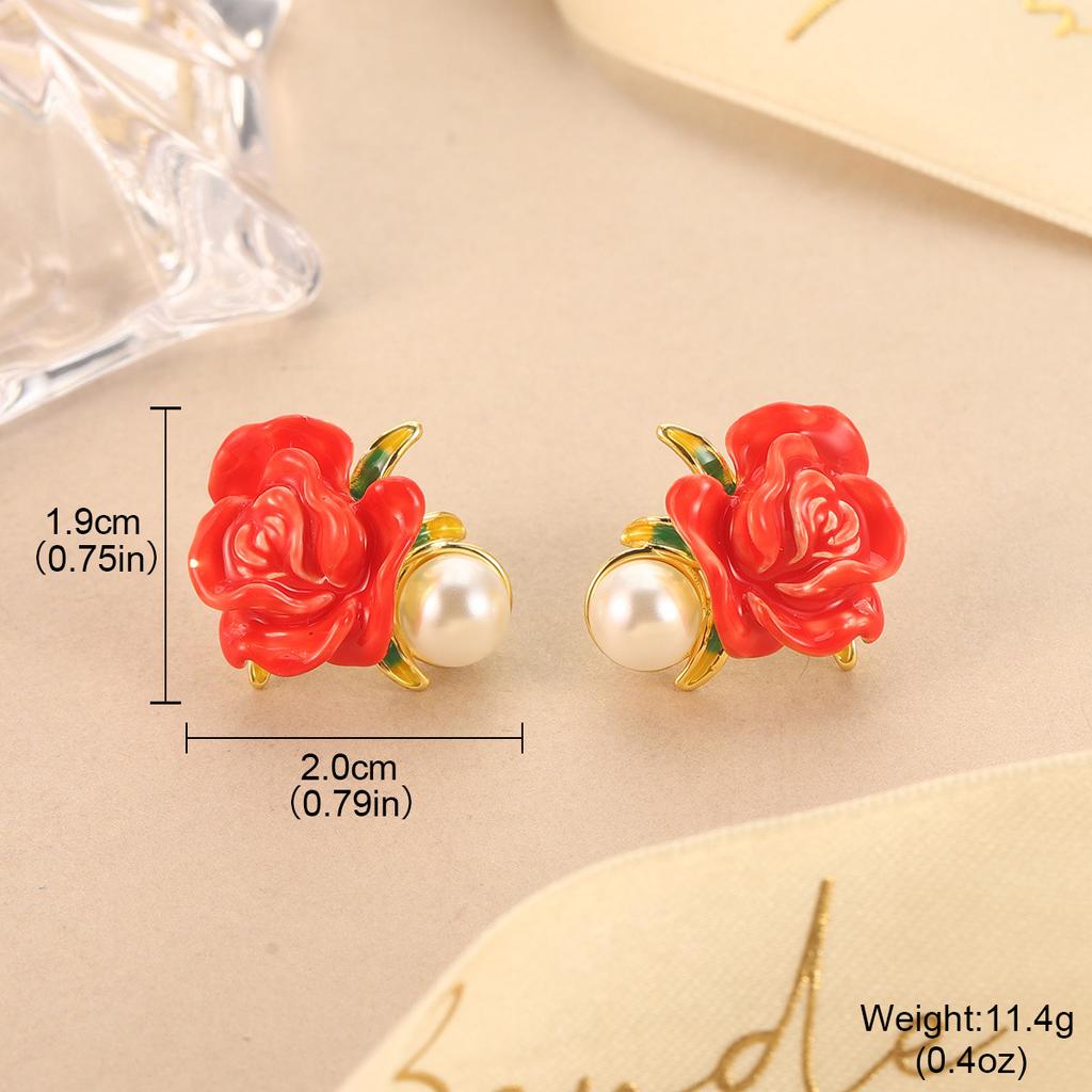 Flower Pearl Stud Earrings Enamel Oil Dripping Flower Mini Love Mori Design Sense Light Luxury Earrings Women