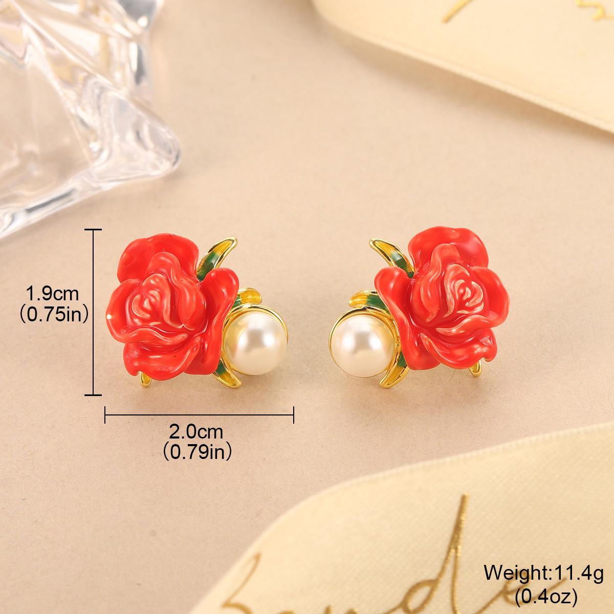 

Flower pearl stud earrings enamel oil dripping flower mini love Mori design sense light luxury earrings women