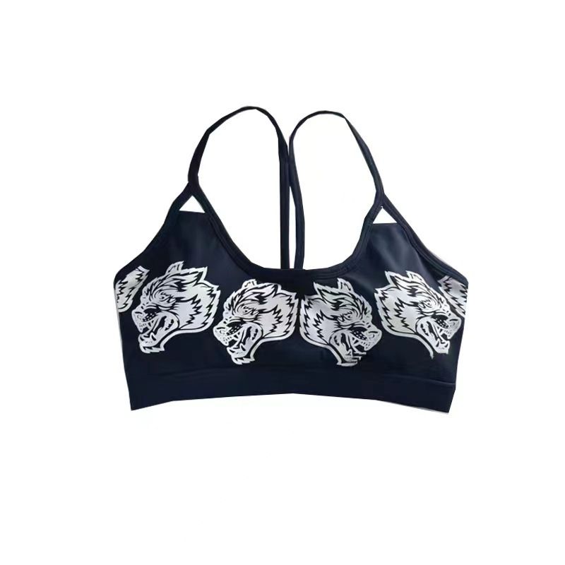

Fashion Wolf Head Sports Bra Women s High Elastic Push up High Strength Sports Training Yoga Fitness Shorts + Cropped Pants Navy blue vest M