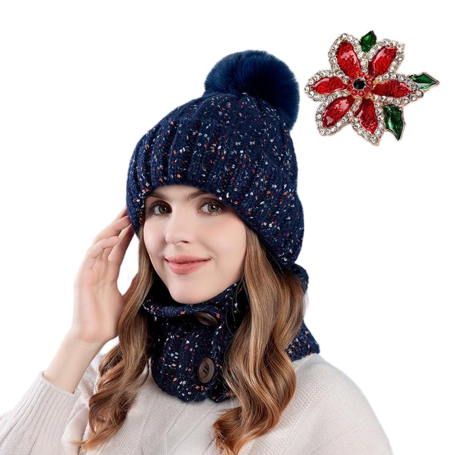 

LYGGIE Вязаная шея Красный цветок Рождественская брошь-булавка Шапочка с вязаной шапкой для холода Стройнящая Однотонная Идеально для и Школьная шапка, Утеплитель, [Набор из 3 предметов] темно-синий