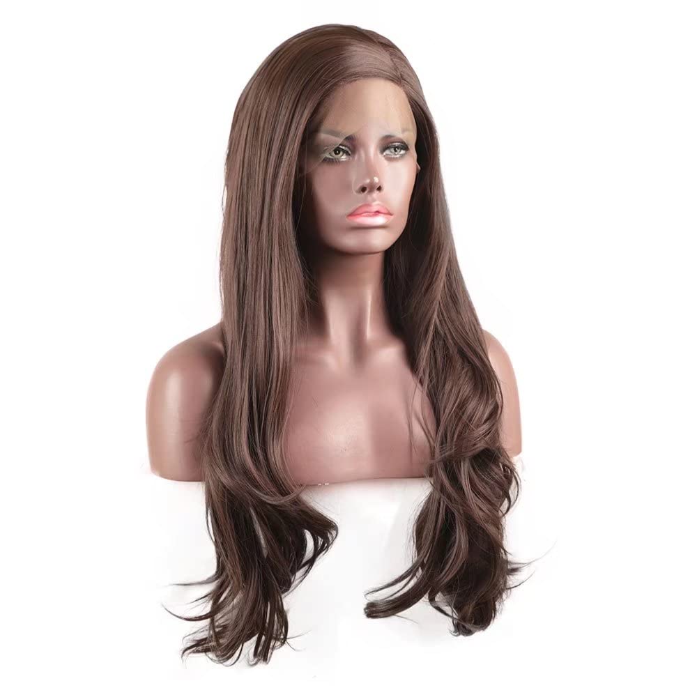 Dark Brown Natural Wave Wig Synthetic Lace Front Wig Glueless Natural Hairline Heat Rsistant Fiber Hair For Women Daily Wear