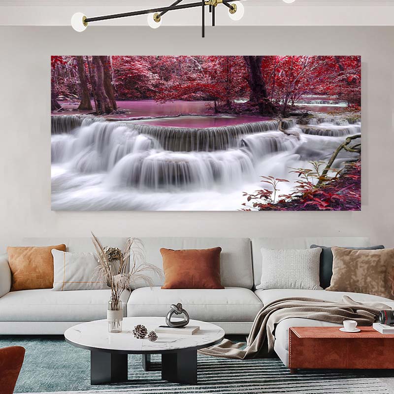 Landscape Natural Waterfall Canvas Painting Green Tree Forest Posters and Prints Wall Art Living Room Home Decor No Frame
