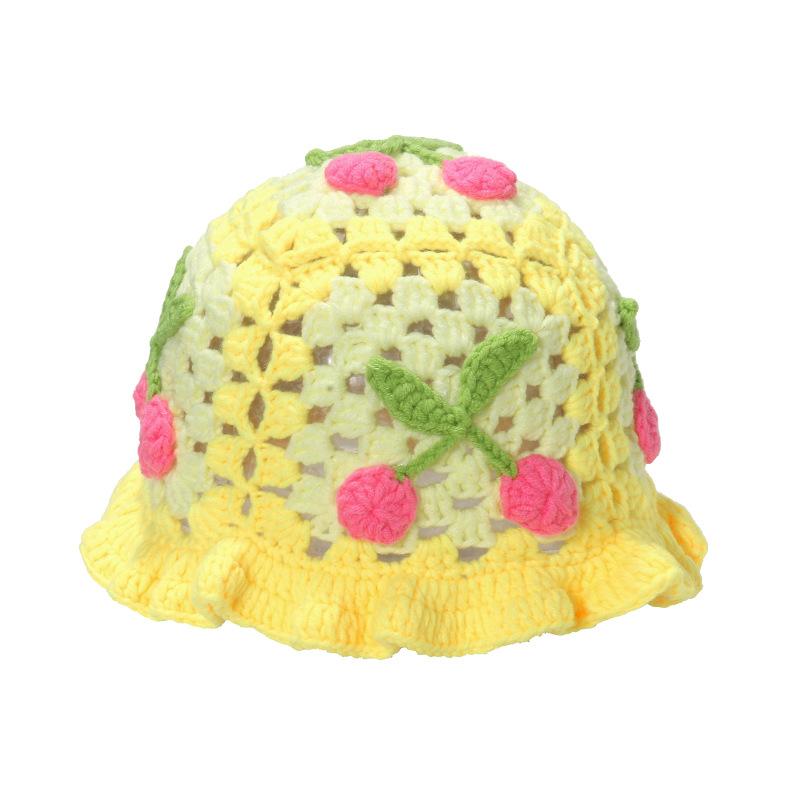 Style Versatile Hat Sweet Cherry Hollow Womens Knitted Fishermans Hatscaps