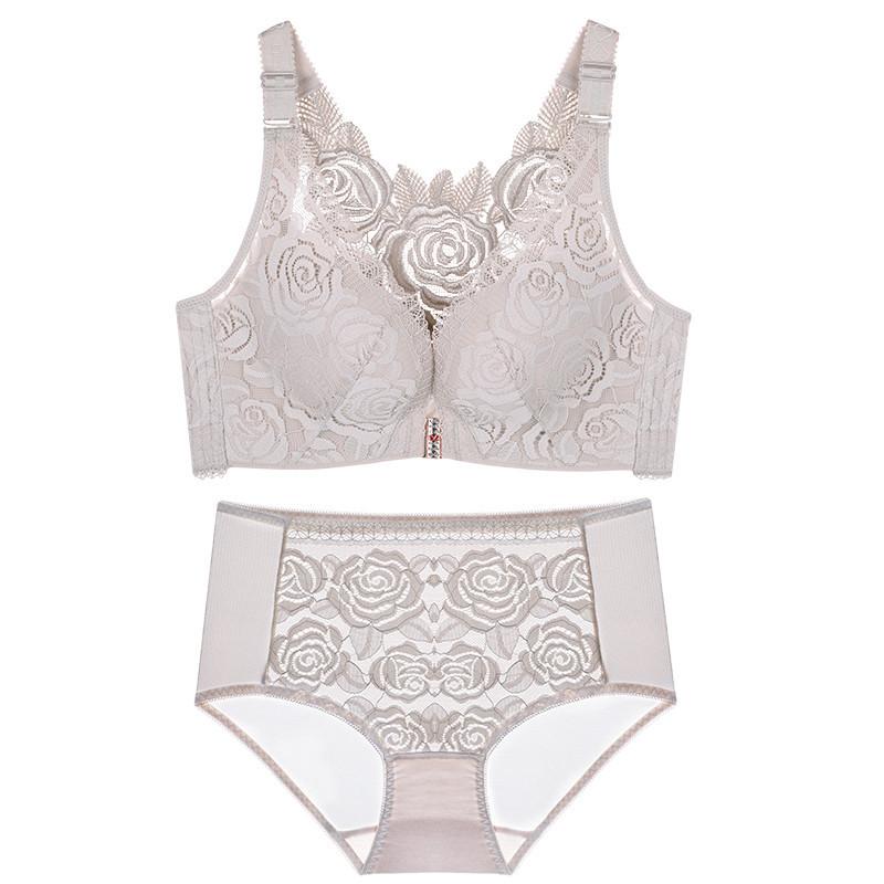 Front Buckle Rose Beautiful Back Plus Size Bra Set Big Breasts Small Gathering Underwear Women's Upper Support Adjustable Bra
