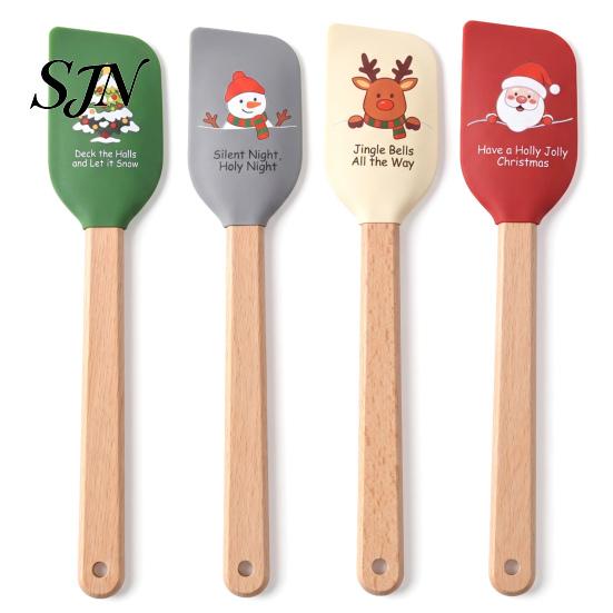 Practical Christmas Gifts for Bakers Silicone Spatula with Wooden Handle, Tree/Snowman/Santa Claus/Elk Pattern Hanging Hole Decor, Heat Resistant