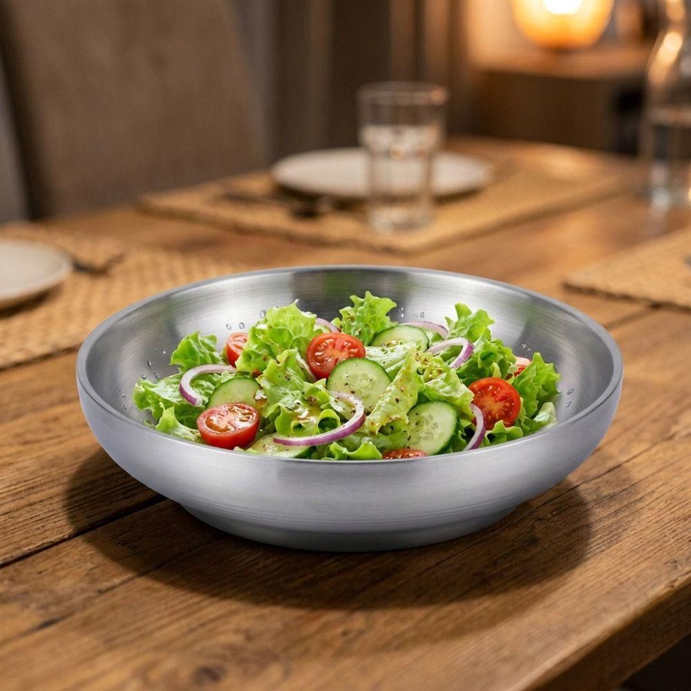 Durable Double Layer 304 Stainless Steel Dishes Anti Scalding Thickened Dinning Plate Round Non-slip Fruit Pan Restaurant