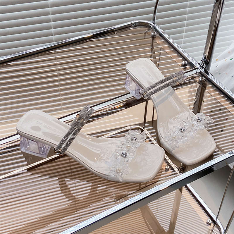 

Прозрачные шлепанцы на толстом каблуке со стразами женские летние двойного ношения модные сказочные темпераментные французские сандалии сандалии со словами 2025 новинка 40 белый